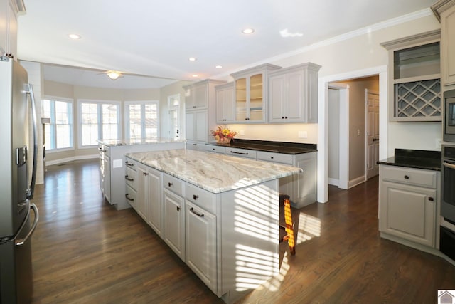 kitchen featuring white cabinetry, dark wood-type flooring, dark stone counters, and stainless steel appliances