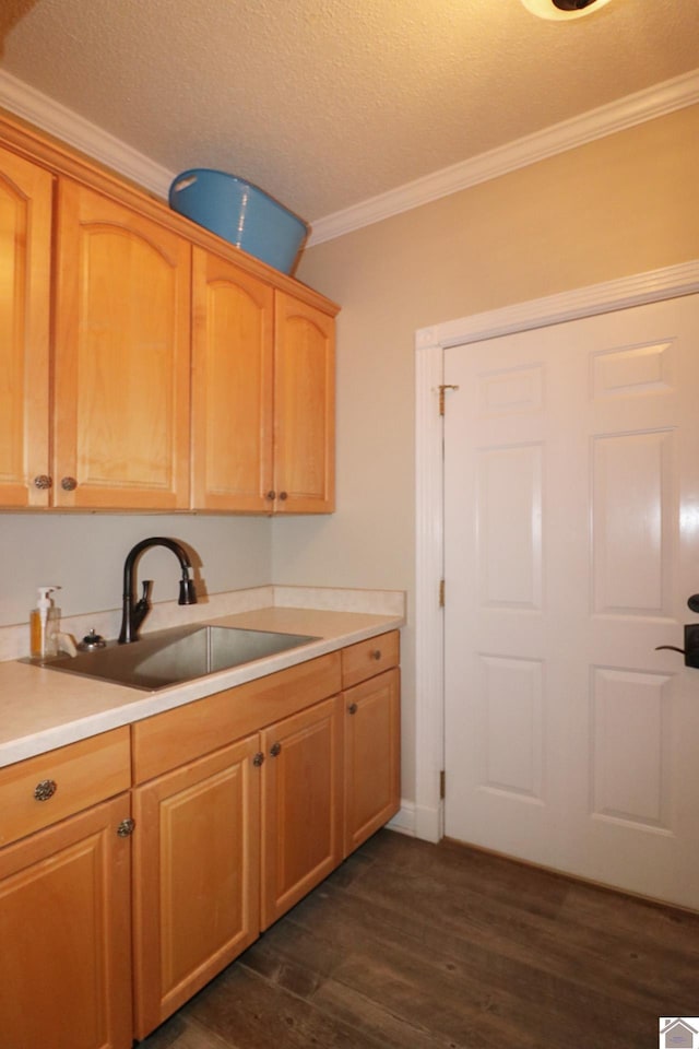 kitchen with a textured ceiling, dark hardwood / wood-style floors, crown molding, and sink