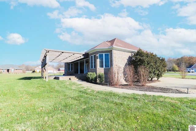 view of property exterior with a yard and a carport