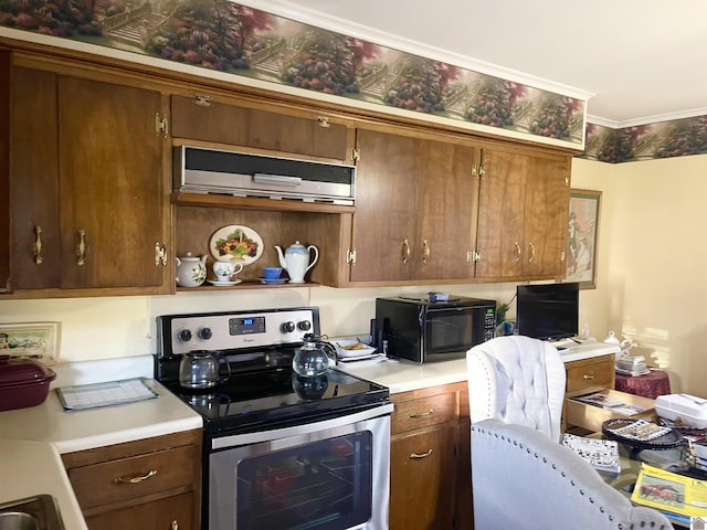 kitchen featuring stainless steel electric stove, ventilation hood, and ornamental molding