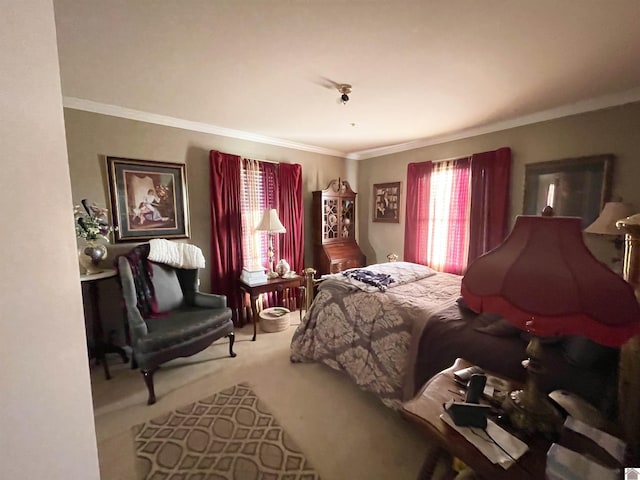 bedroom featuring carpet and crown molding