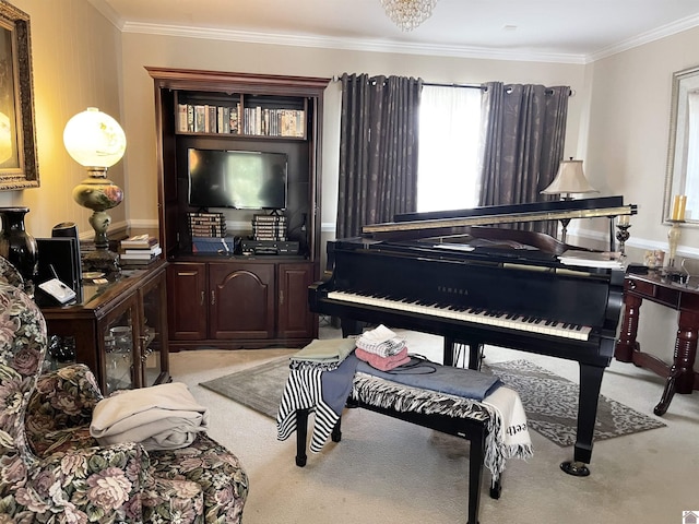 misc room featuring light colored carpet and crown molding