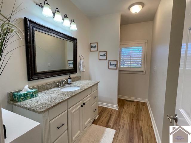 bathroom with hardwood / wood-style floors and vanity