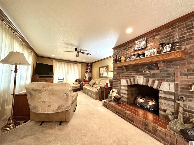 carpeted living room featuring a textured ceiling, a brick fireplace, ceiling fan, and crown molding