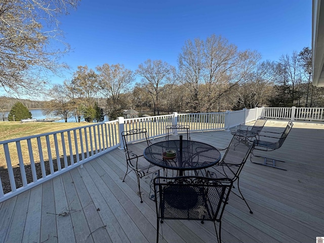 wooden terrace featuring a water view