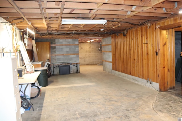 basement featuring wooden walls