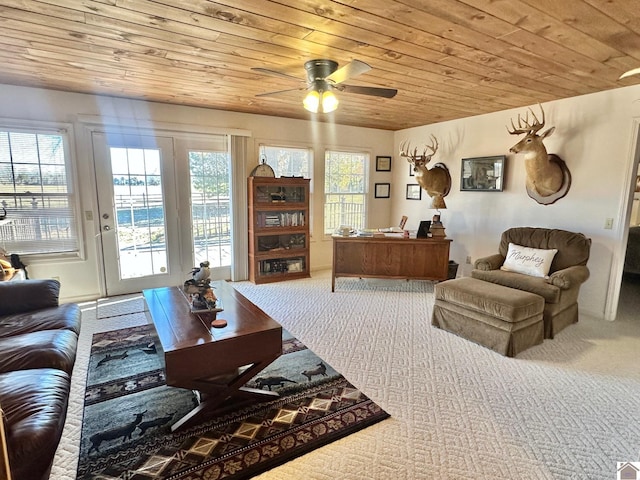 living room featuring plenty of natural light, carpet floors, and wooden ceiling