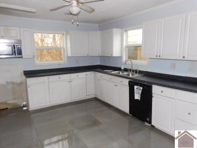 82 Ingleside Rd, Kevil, KY 42053 - kitchen featuring stainless steel microwave, black dishwasher, ornamental molding, ceiling fan, and white cabinets