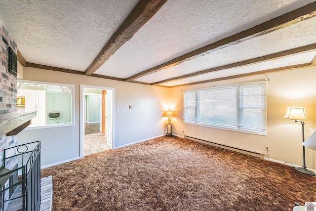 unfurnished living room featuring baseboard heating, beam ceiling, carpet floors, and a textured ceiling