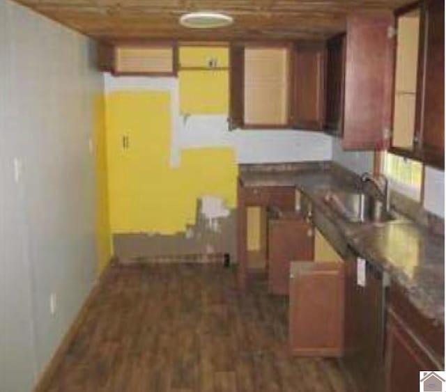 kitchen featuring sink, wooden ceiling, and dark hardwood / wood-style floors