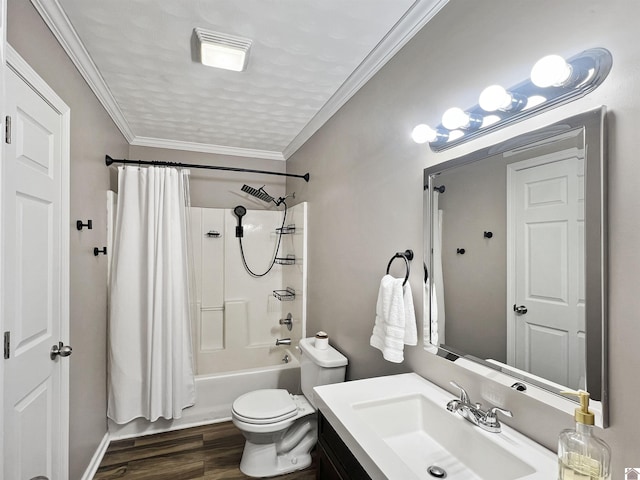 full bathroom with vanity, crown molding, wood-type flooring, shower / bathtub combination with curtain, and toilet