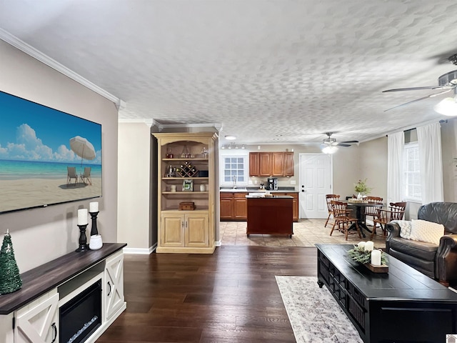 living room featuring dark hardwood / wood-style flooring, ornamental molding, a textured ceiling, and a wealth of natural light