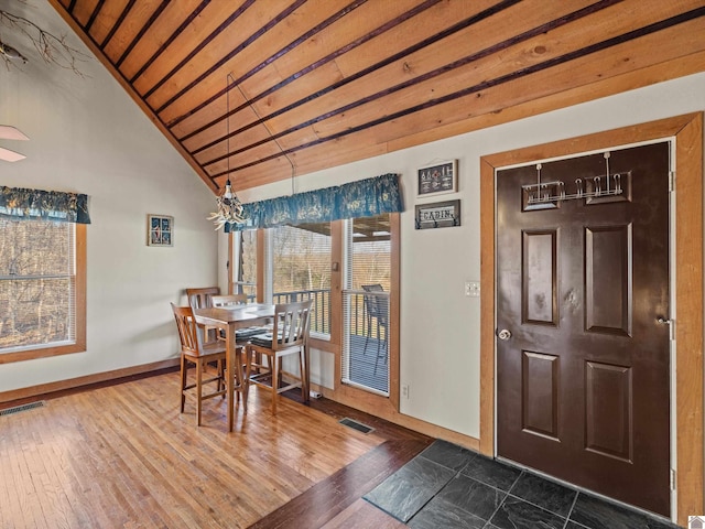 dining area with hardwood / wood-style floors, wooden ceiling, and vaulted ceiling