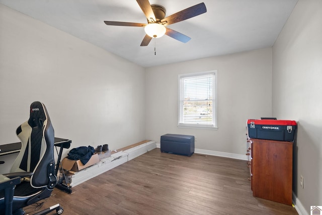 workout area featuring dark hardwood / wood-style flooring and ceiling fan