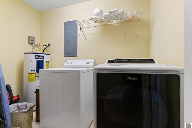 laundry area with electric panel, water heater, and washing machine and clothes dryer