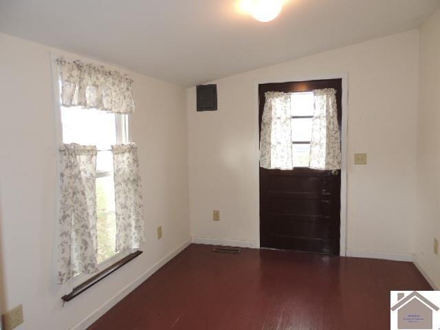 foyer featuring plenty of natural light, dark hardwood / wood-style flooring, and lofted ceiling