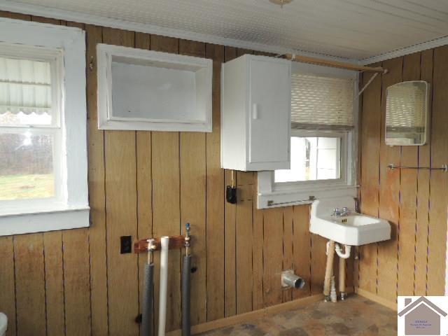 washroom with wooden walls and sink