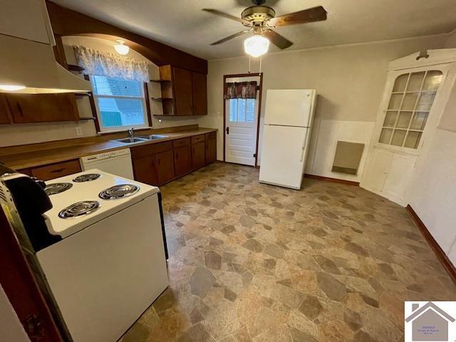 kitchen featuring ceiling fan, sink, extractor fan, and white appliances