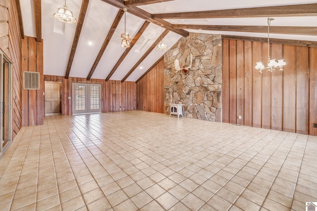 bonus room with wooden walls, beamed ceiling, high vaulted ceiling, and a notable chandelier