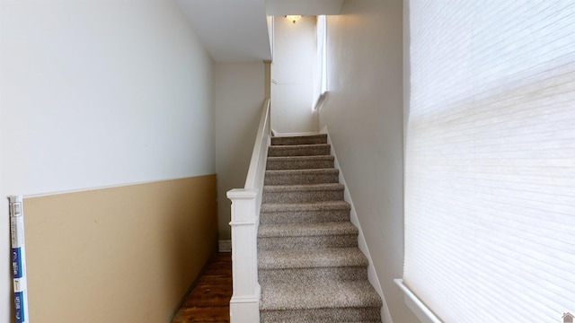 stairs featuring hardwood / wood-style floors