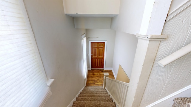 stairs featuring wood-type flooring