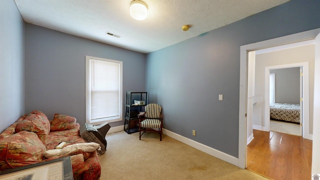 living area featuring light carpet and a textured ceiling