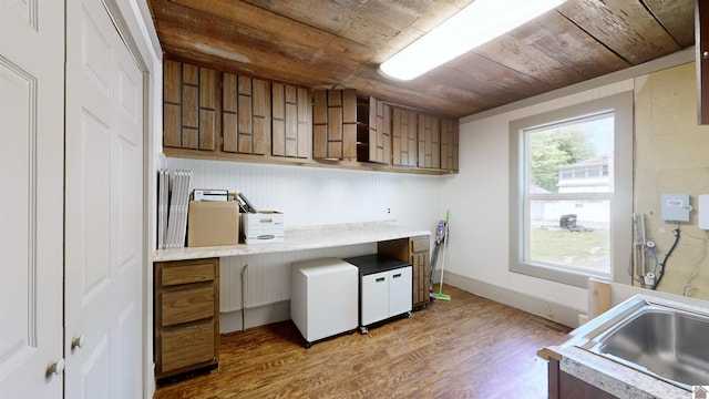 kitchen featuring hardwood / wood-style flooring and wood ceiling