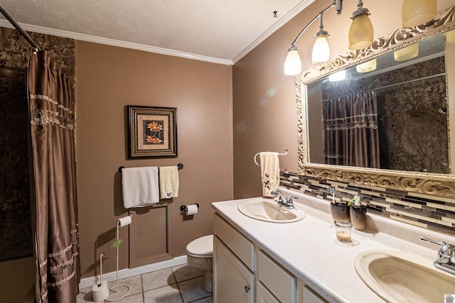 bathroom featuring vanity, backsplash, tile patterned floors, toilet, and ornamental molding