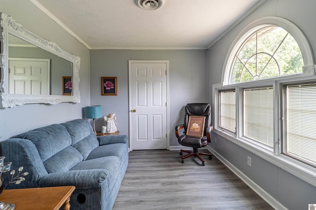 living room featuring light wood-type flooring and crown molding