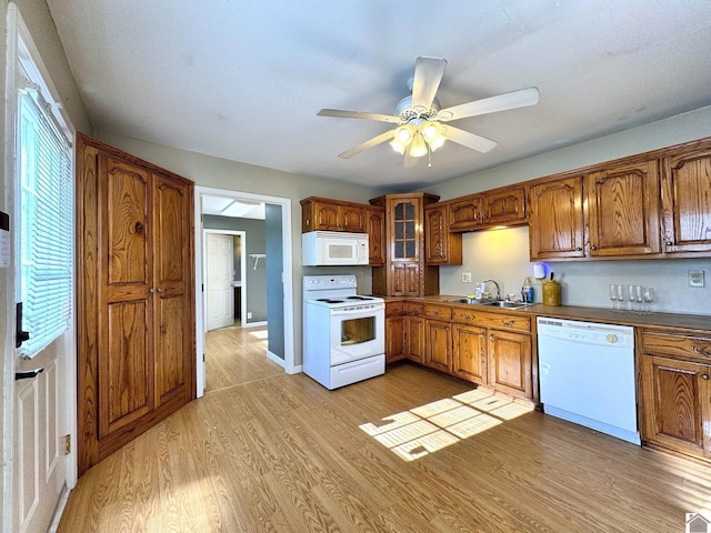 kitchen featuring ceiling fan, sink, white appliances, and light wood-type flooring