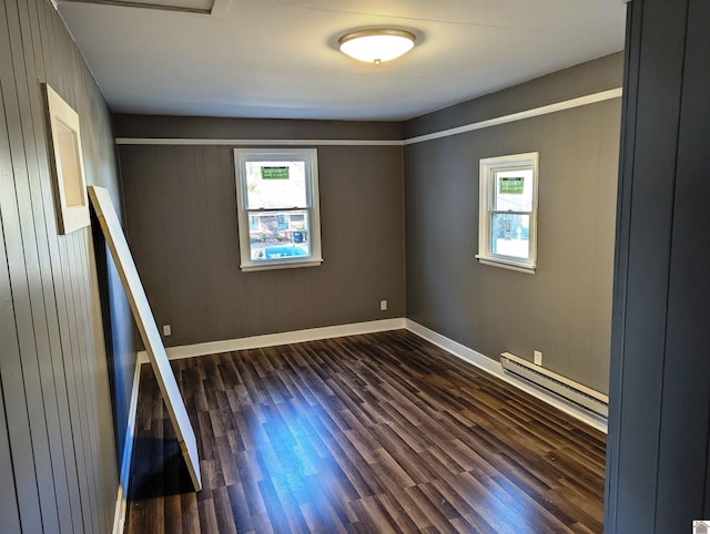 unfurnished room featuring dark hardwood / wood-style flooring, baseboard heating, and wooden walls