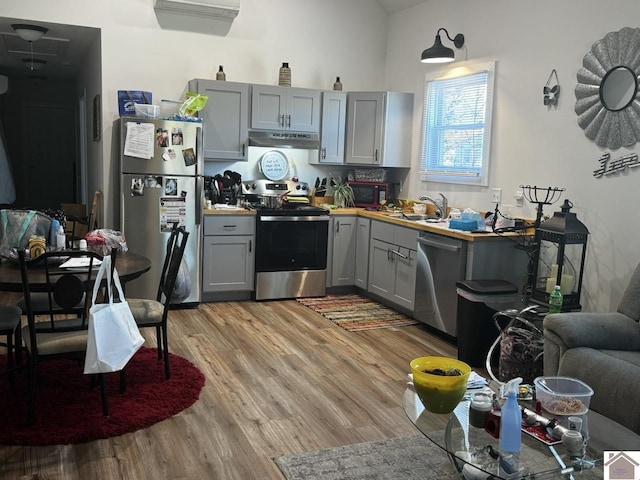 kitchen featuring stainless steel appliances, light hardwood / wood-style flooring, gray cabinetry, and sink