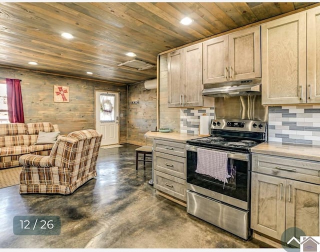 kitchen with light brown cabinets, wooden ceiling, stainless steel range with electric stovetop, and wooden walls