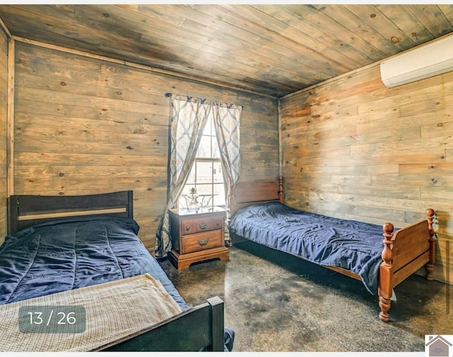 bedroom featuring dark carpet, a wall unit AC, wooden ceiling, and wooden walls