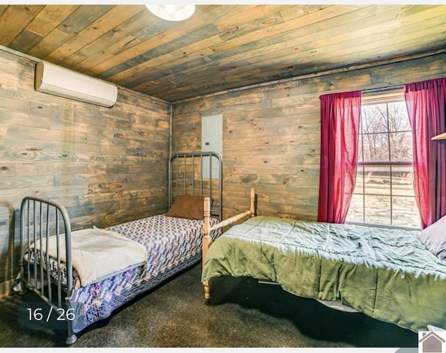 bedroom featuring a wall unit AC, wood walls, wood ceiling, and dark carpet