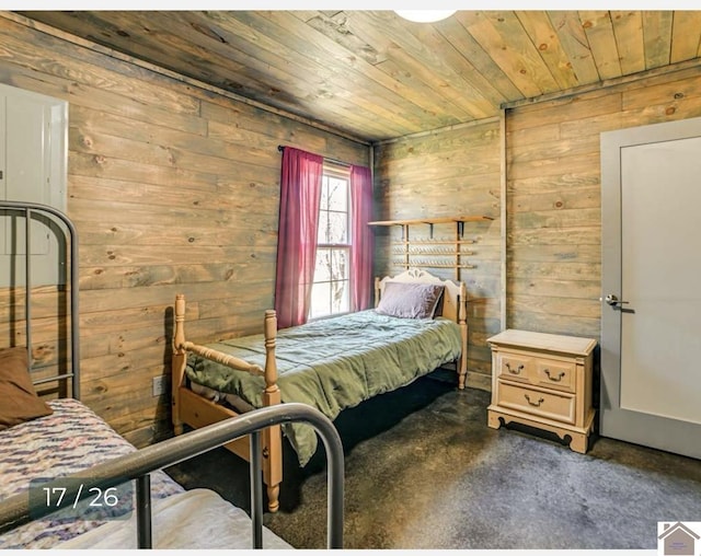 bedroom featuring wooden walls and wood ceiling