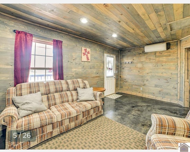 living room with wood walls