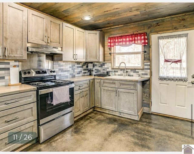 kitchen with electric range, backsplash, wooden ceiling, and sink