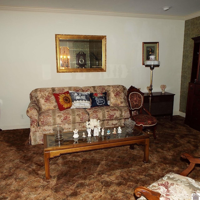 carpeted living room with ornamental molding