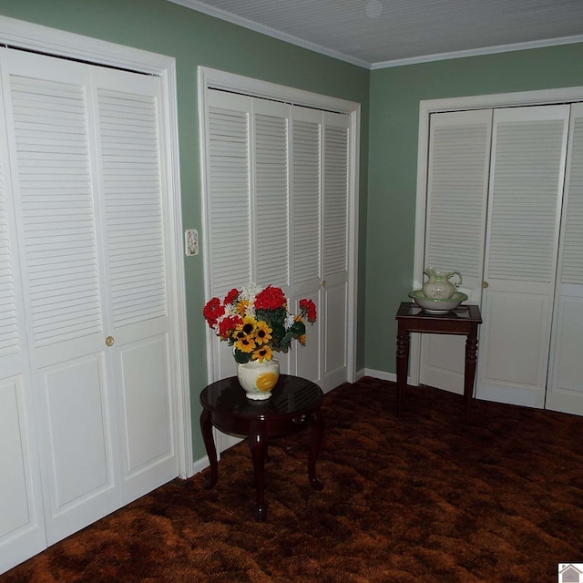 interior space featuring dark carpet and ornamental molding