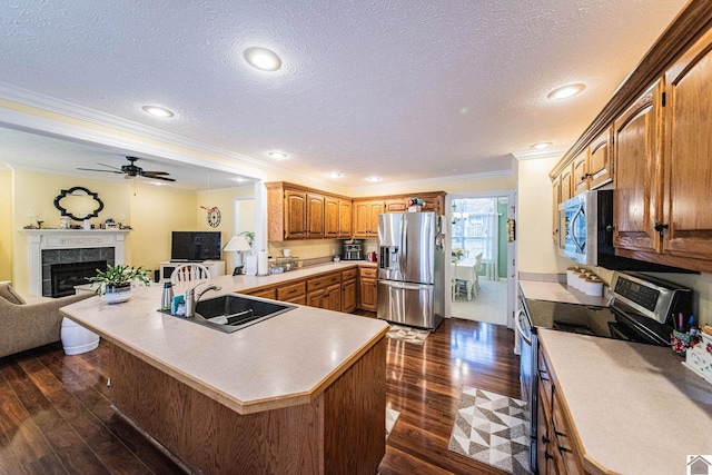 kitchen featuring sink, dark hardwood / wood-style flooring, crown molding, and appliances with stainless steel finishes