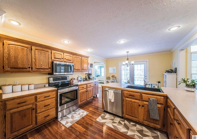 kitchen with dark wood-type flooring, an inviting chandelier, sink, ornamental molding, and stainless steel appliances