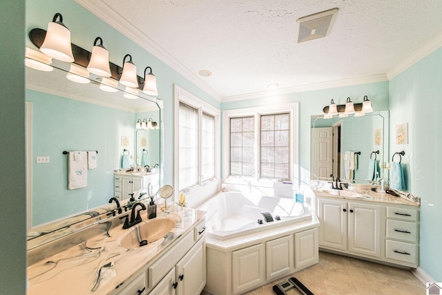 bathroom with vanity, a textured ceiling, and ornamental molding