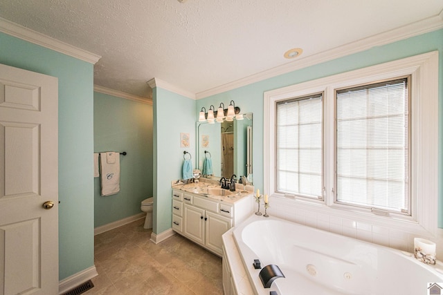 full bathroom featuring vanity, toilet, ornamental molding, a textured ceiling, and independent shower and bath