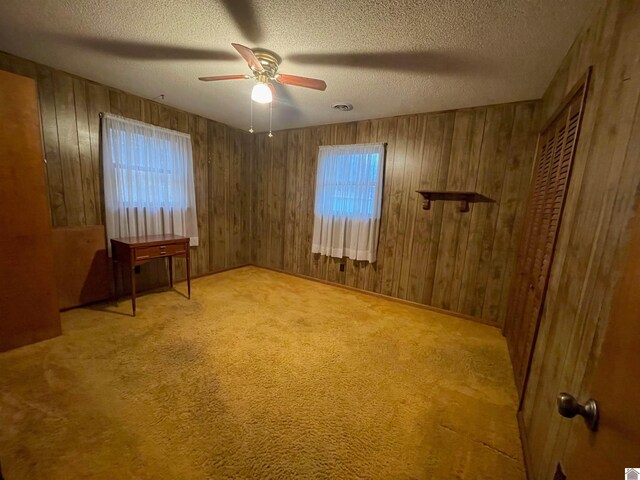 3480 Radio Rd, Almo, KY 42020 - carpeted spare room featuring ceiling fan, wood walls, and a textured ceiling