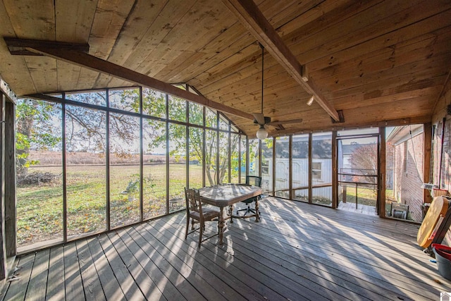 unfurnished sunroom with lofted ceiling with beams, ceiling fan, and wooden ceiling