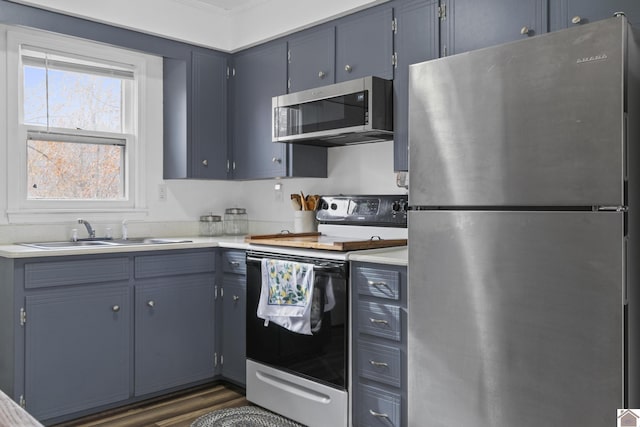 kitchen featuring ornamental molding, sink, dark wood-type flooring, and appliances with stainless steel finishes