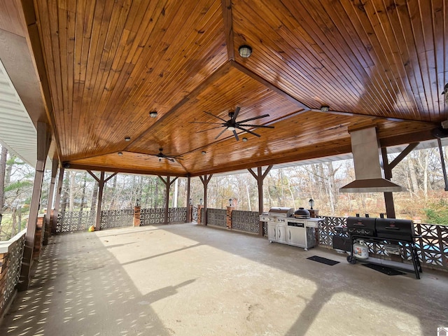 view of patio / terrace featuring ceiling fan and grilling area