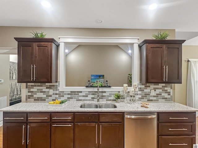 kitchen featuring decorative backsplash, sink, stainless steel dishwasher, and dark brown cabinets