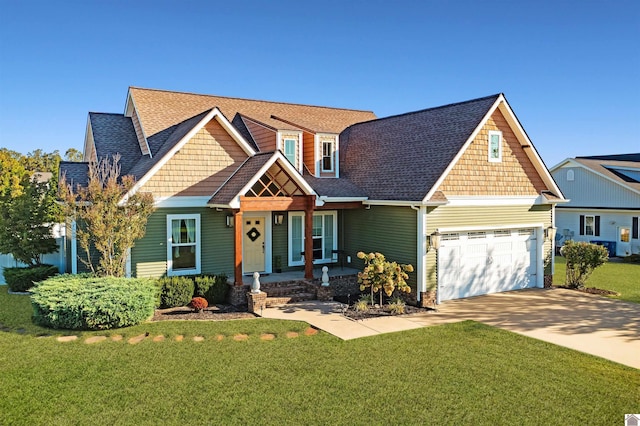 craftsman-style home with covered porch, a garage, and a front lawn